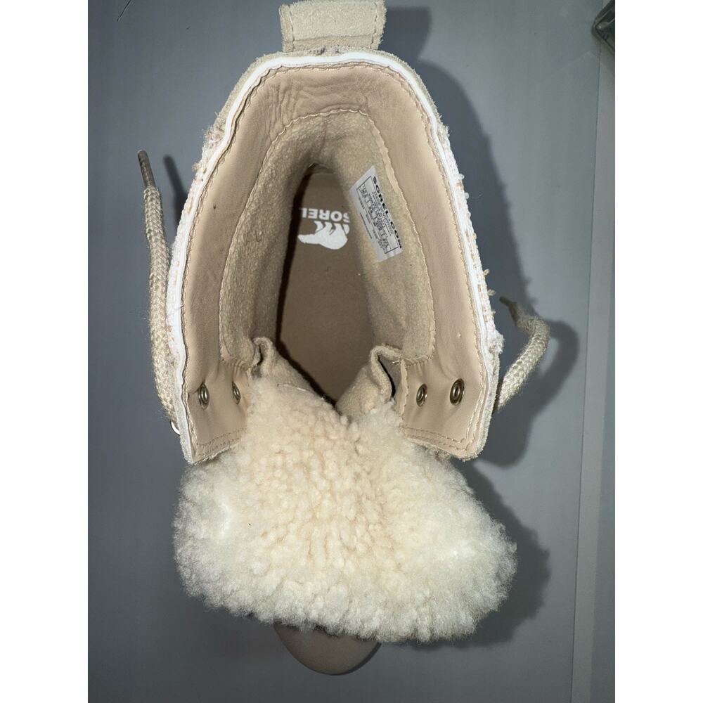SOREL Lennox Cozy Moto Boots Sz 10.5 Shearling Lined Beige Suede Tweed Combat - Picture 5 of 9